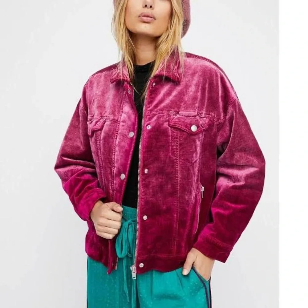 Free People Magenta Velvet Bomber Jacket - Picture 3 of 16